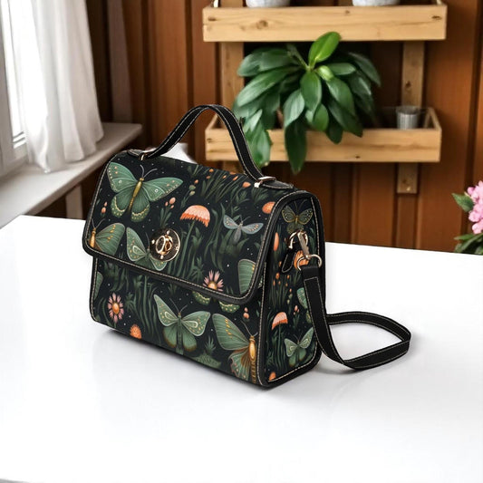 Moth and mushroom bag, dark forest purse, fairycore crossbody bag, green insect handbag, magical forest accessory, mystical gift for her