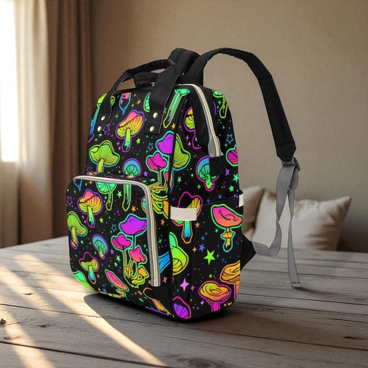 Neon Mushroom Backpack Organizer, Trippy Goth Diaper Bag, Colorful Fungi Mom Gift, Edgy Parenting Essentials, Alternative Mom Bag