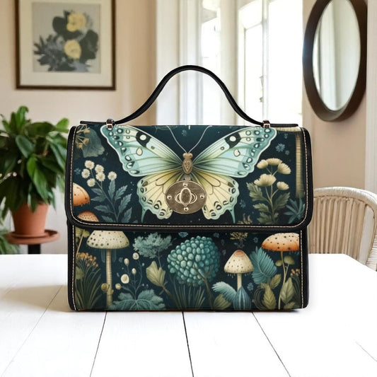 Mushroom Butterfly Shoulder Bag, Forestcore Satchel with Luna Moth Art, Fairycore Cottage Handbag, Whimsical Nature Print Purse Gift Idea