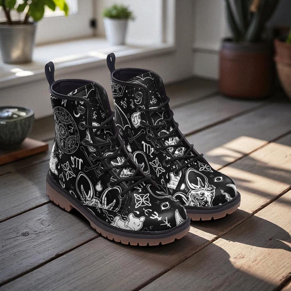 Zodiac circle combat boots, astrology occult lace up shoes, celestial witchy festival footwear, horoscope inspired alternative fashion boots