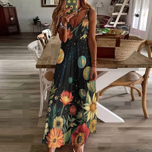 Retro galaxy floral dress, Sunflower planet maxi gown, Cosmic garden aesthetic outfit, Witchy night boho sundress, Space flower fashion