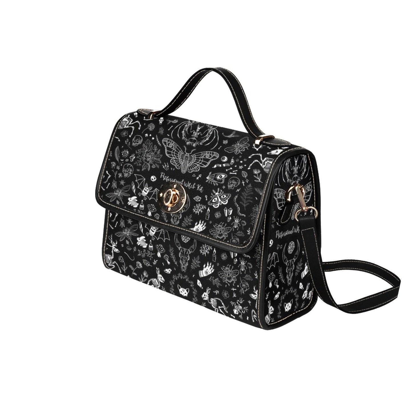Witch symbols crossbody bag, spooky goth shoulder purse, mystical sketch witchy handbag, celestial dark aesthetic satchel, occult indie bag
