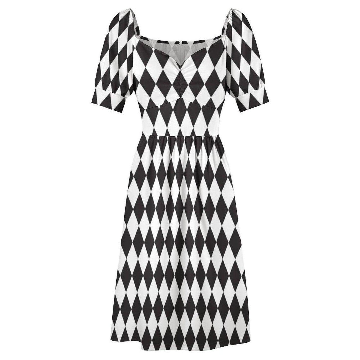 Black and white harlequin dress, gothic Alice puff sleeve dress, checkered fairytale party outfit, sweetheart neckline mini dress, fantasy