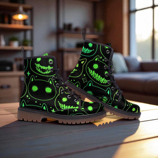 Neon cat combat boots, festival rave lace up shoes, cyber streetwear alternative footwear, glow in the dark inspired statement boots