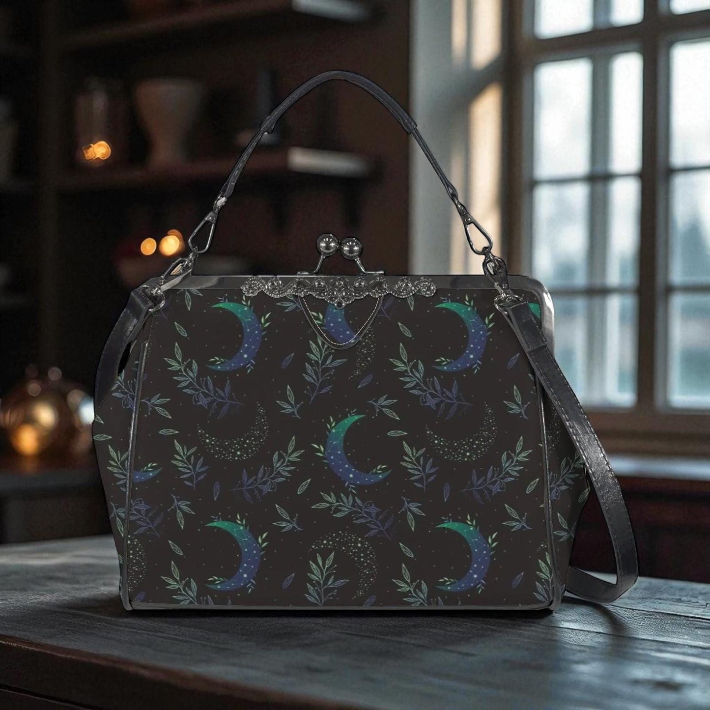 Night garden moon purse, green lunar clasp handbag, celestial leaf print kisslock bag, dreamy witch aesthetic purse, stargazer shoulder bag