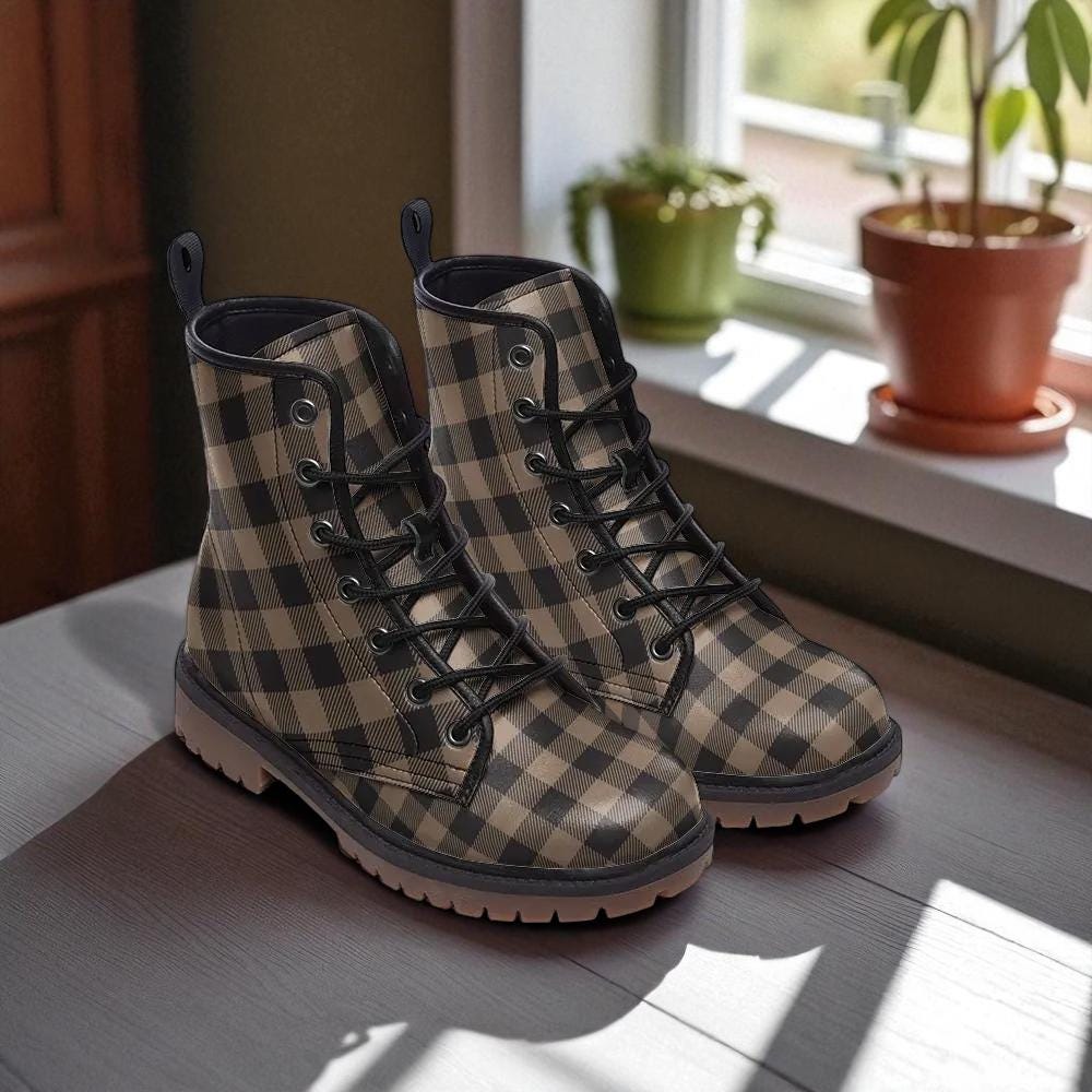 Brown check combat boots, vintage plaid goth boots, dark academia lace up shoes, rustic punk footwear, neutral grunge boots, retro boots