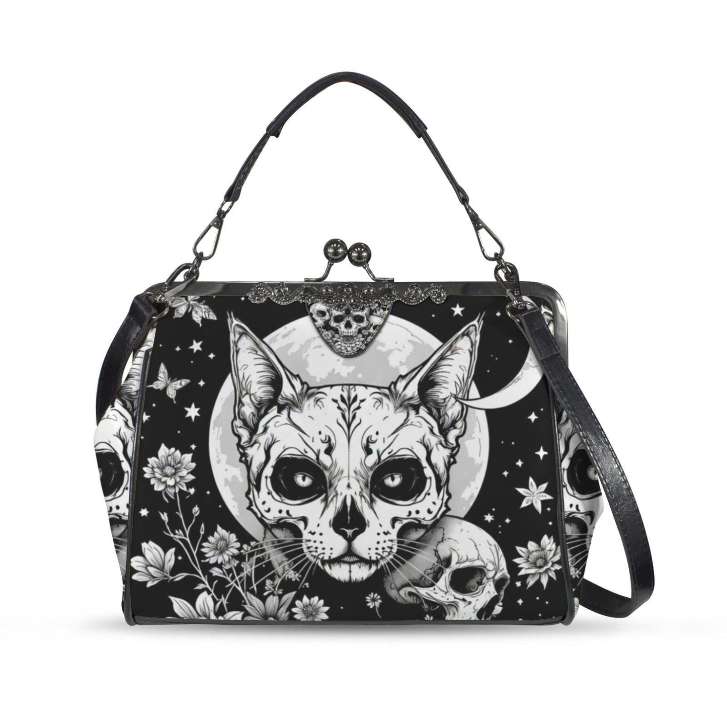 Gothic Cat Skull Bag, Dark Feline Handbag, Witchy Crossbody Purse, Skull Moon Evening,Occult Cat Accessory,Spooky Kitty Clutch,Mystical Goth