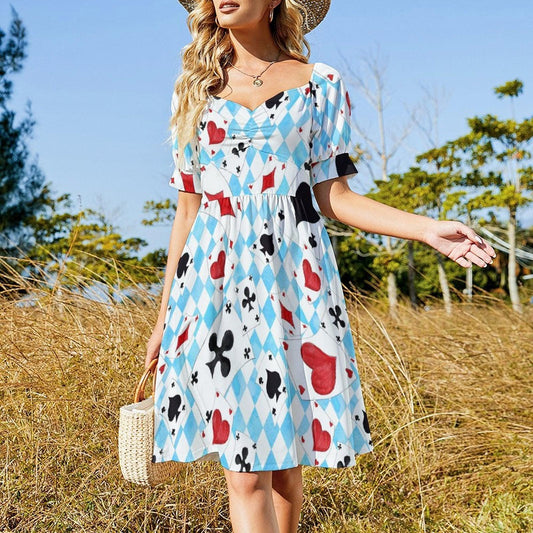 Blue harlequin mini dress, pastel puff sleeve outfit, Alice in Wonderland theme dress, whimsical fantasy party dress, cottagecore aesthetic