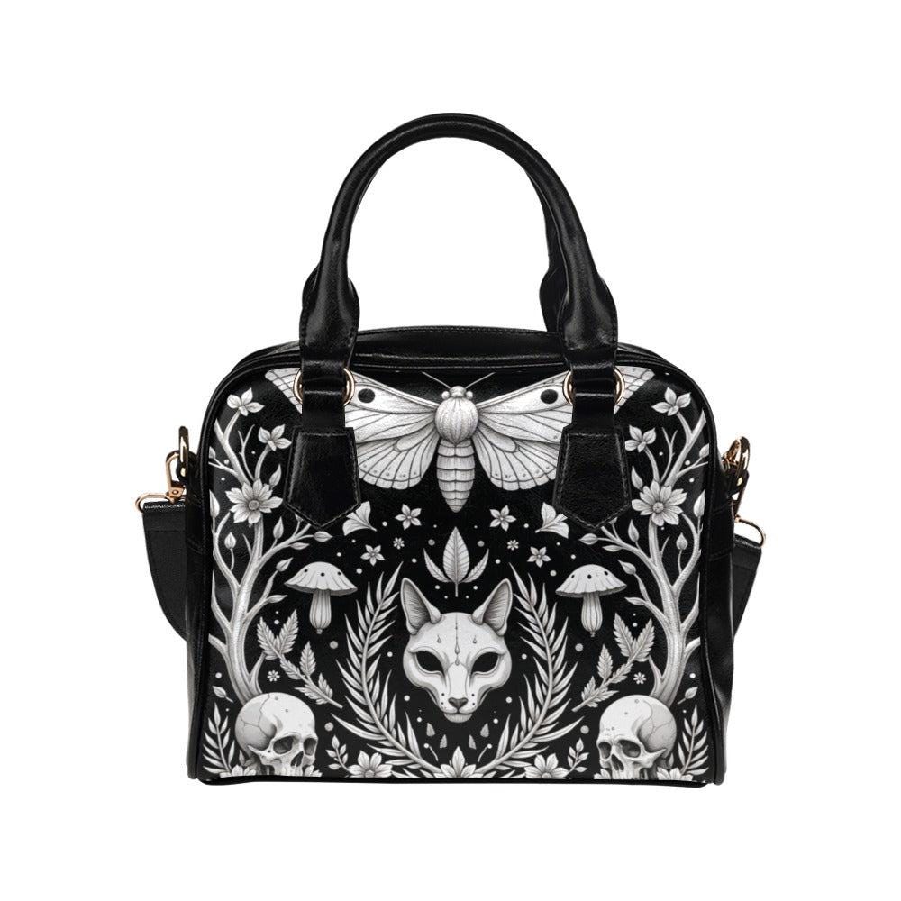 Mystical Fox Skull Handbag, Witchy Moth Purse with Dark Forest Design, Occult Crossbody Bag with Gothic Floral Pattern, Halloween Aesthetic