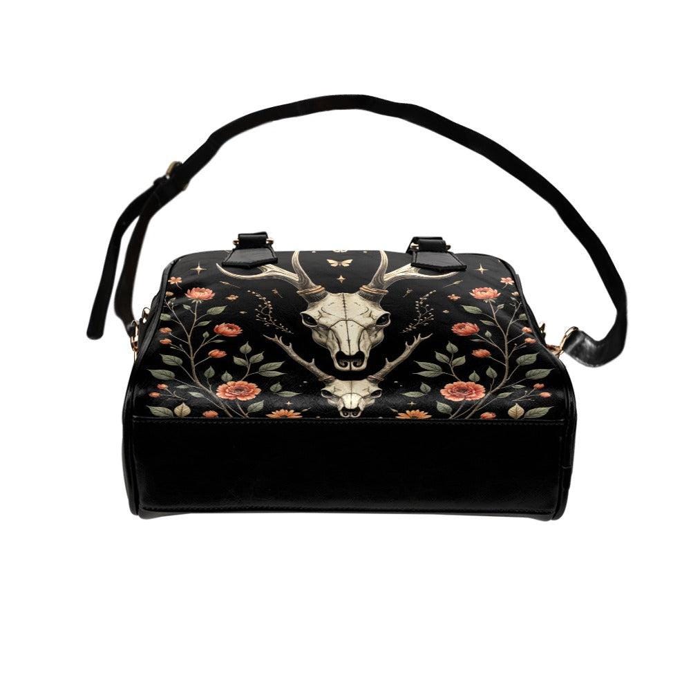 Deer skull floral handbag, witchy occult purse, antler skull satchel, spooky forest crossbody, dark floral handbag, mystical skull purse