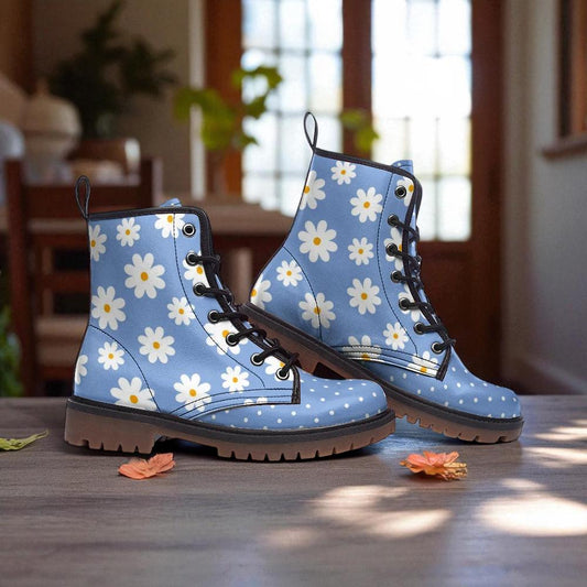Blue daisy combat boots, cottagecore floral lace up shoes, pastel daisy ankle boots, whimsical flower festival footwear, polka dot boots