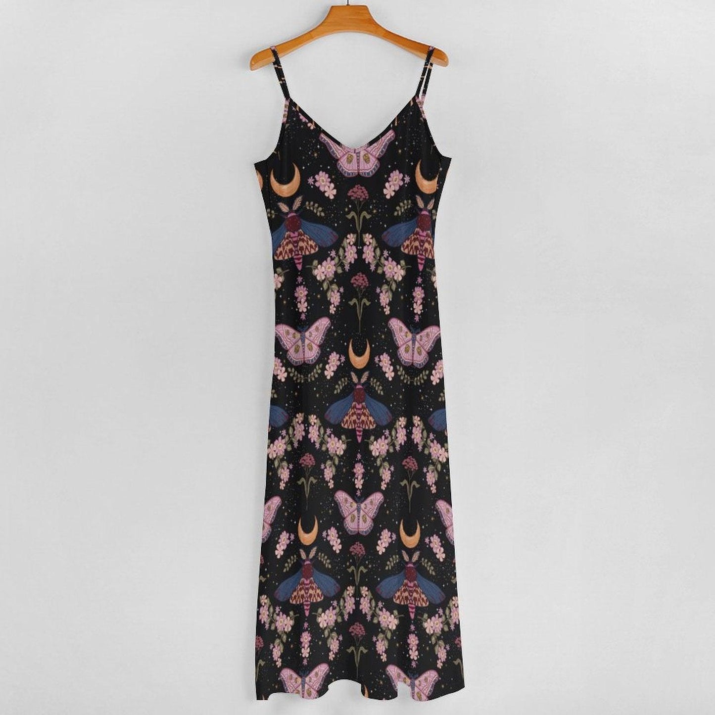 Moon moth floral dress, Witchcore butterfly summer gown, Crescent moon boho sundress, Fairy goth garden outfit, Celestial black maxi look