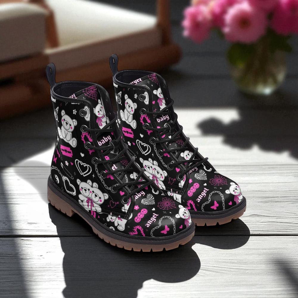 Kawaii bear shoes, pastel heart boots, dreamy pink footwear, retro y2k lace ups, sweet grunge ankle boots, playful emo shoes, toy footwear