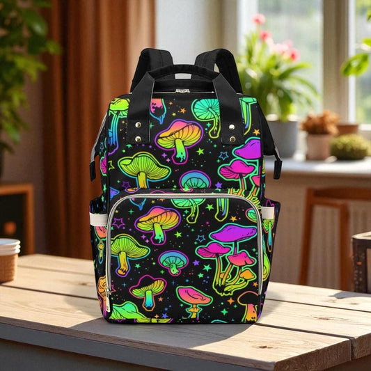 Neon Mushroom Backpack Organizer, Trippy Goth Diaper Bag, Colorful Fungi Mom Gift, Edgy Parenting Essentials, Alternative Mom Bag