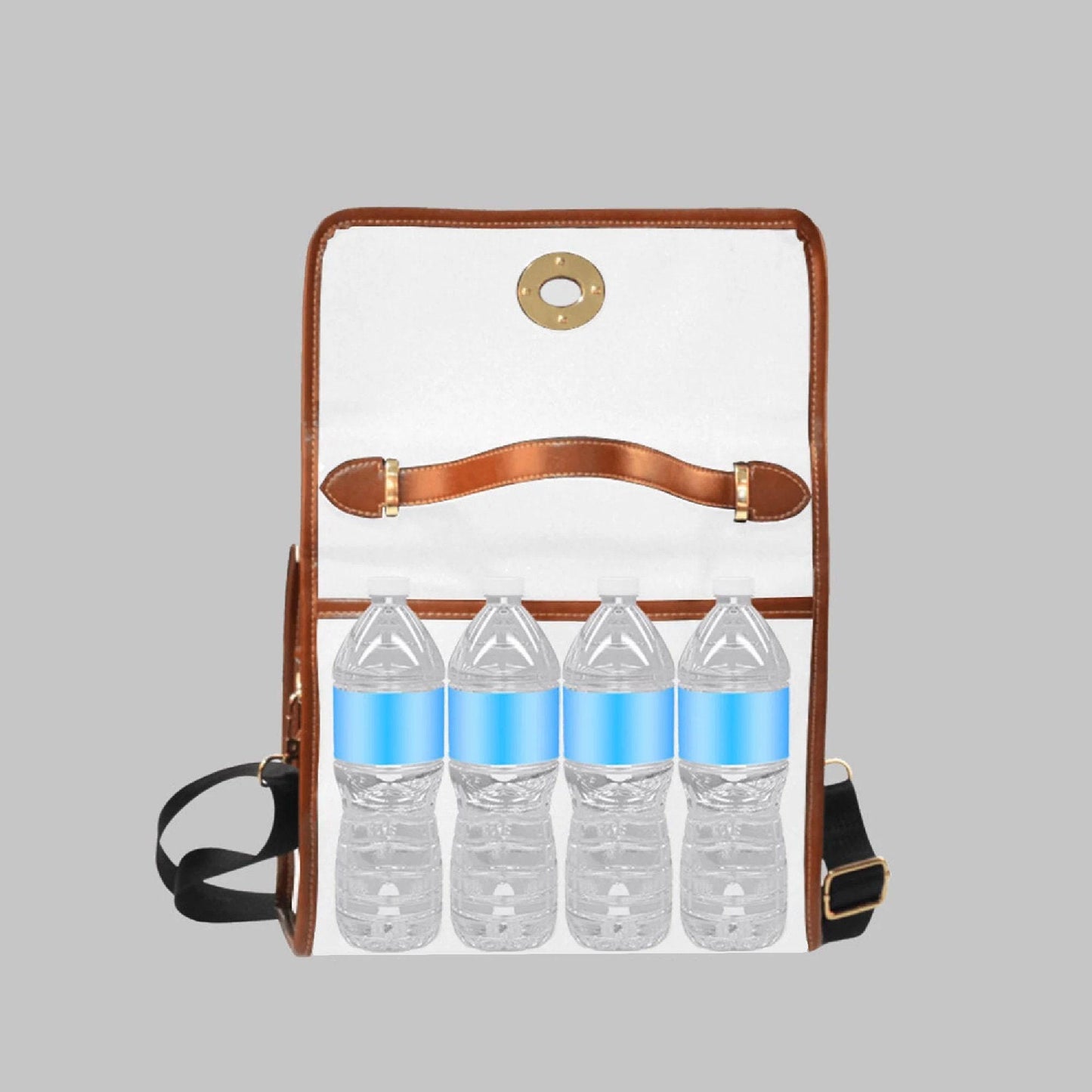 A white bag with a brown leather strap, designed to hold four clear plastic water bottles.