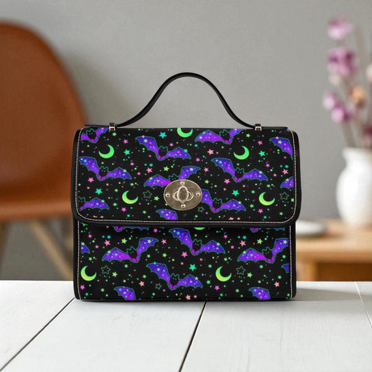 Neon Bat Pattern Crossbody Bag, Glow in the Dark Goth Purse, Vaporwave Halloween Bag, Cute Spooky Gift, Purple Green Alt Bat Handbag