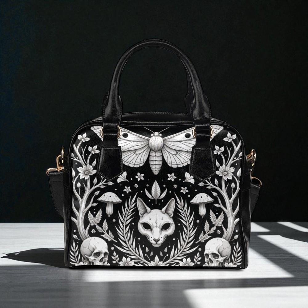 Mystical Fox Skull Handbag, Witchy Moth Purse with Dark Forest Design, Occult Crossbody Bag with Gothic Floral Pattern, Halloween Aesthetic
