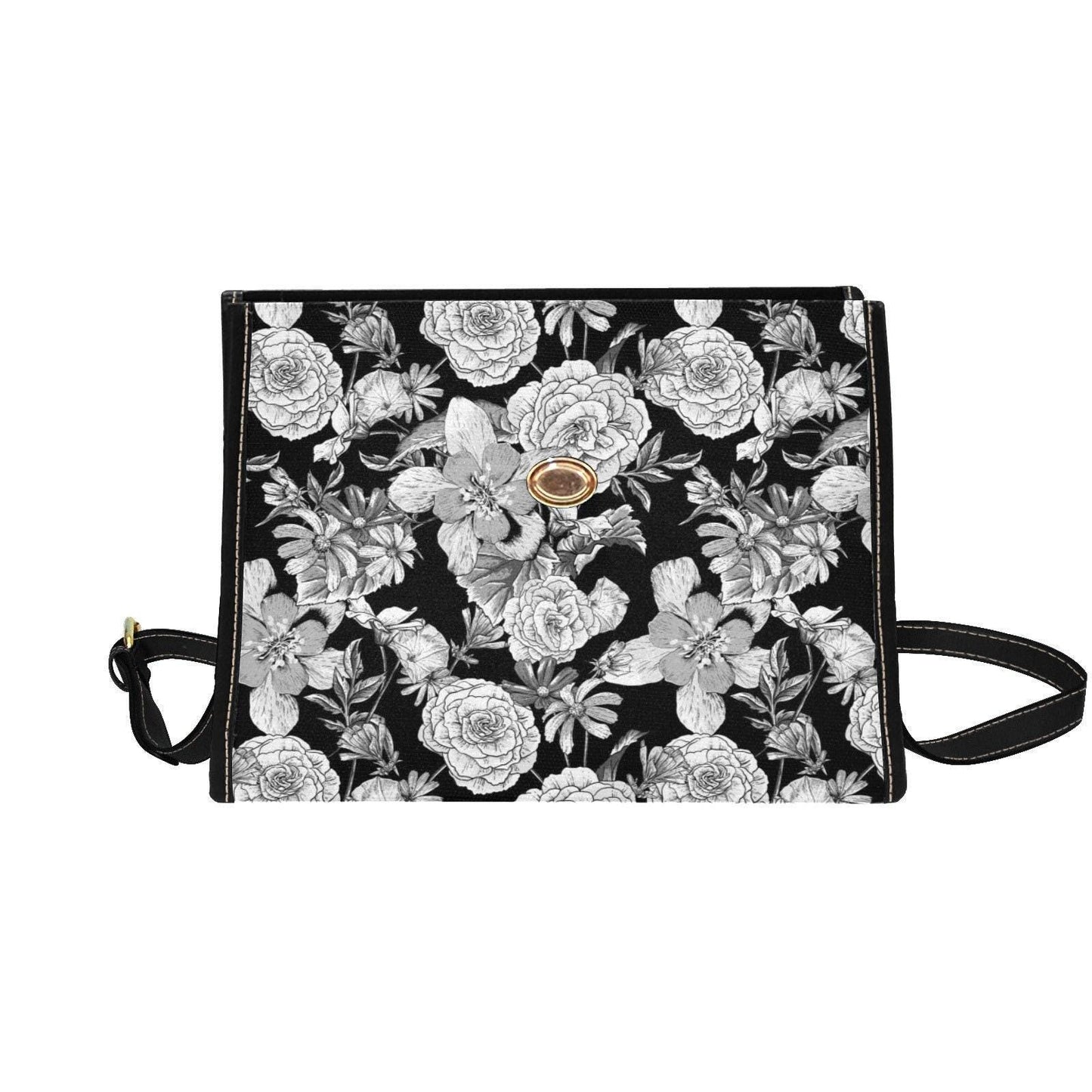 Gothic rose print crossbody purse, dark floral structured handbag for witchcore fashion, black goth shoulder bag, aesthetic alt satchel