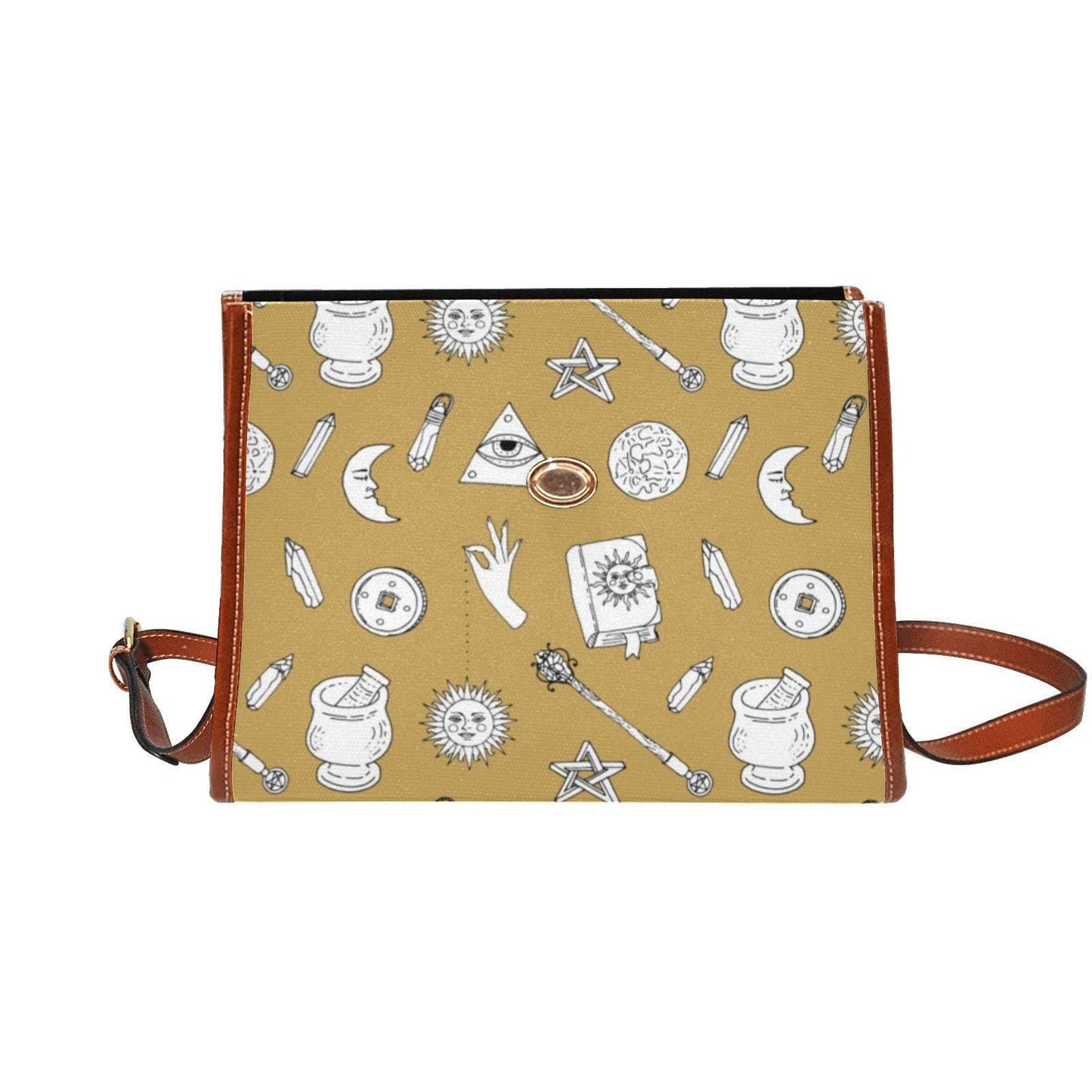 Witchy Symbol Pattern, Occult Gold Icon Bag, Magical Tan Crossbody, Celestial Witch Purse, Alchemy Inspired Accessory, Unique Witch Gift