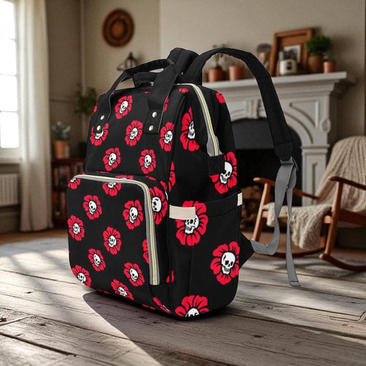 Skull Flower Backpack Goth Mom, Floral Skull Diaper Bag, Edgy Parenting Organizer, Alternative Baby Gift Idea,Punk Style Mom Bag,Gothic Baby