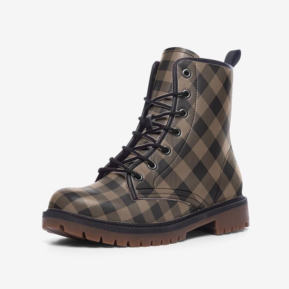 Brown check combat boots, vintage plaid goth boots, dark academia lace up shoes, rustic punk footwear, neutral grunge boots, retro boots