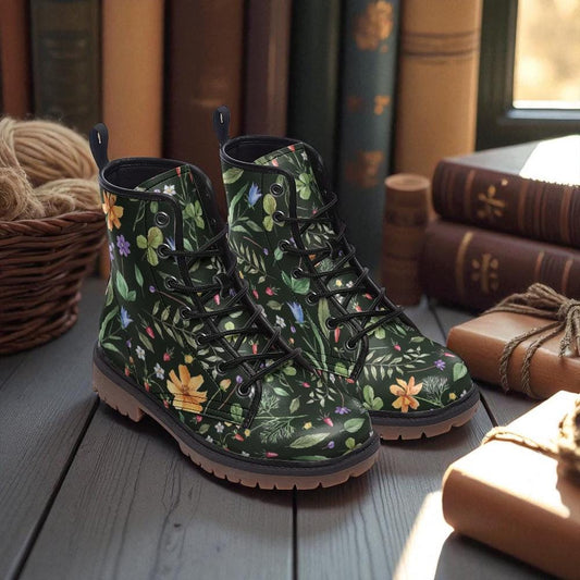 Cottagecore Floral Combat Boots, Dark Fairycore Lace Up Shoes, Witchy Garden Aesthetic Boots, Black Botanical Footwear, Alt Forest Boots