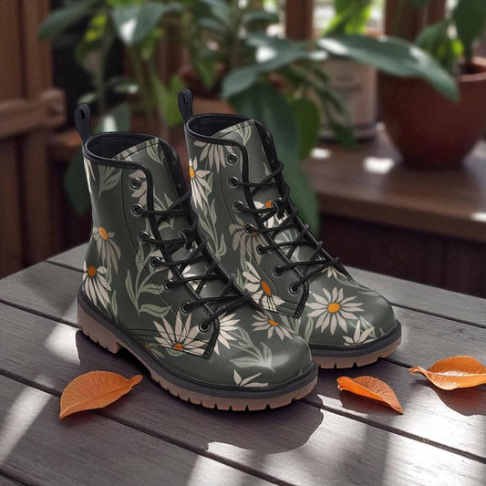 Daisy meadow combat boots, cottagecore floral lace up shoes, whimsical wildflower footwear, enchanted garden ankle boots, festival shoes