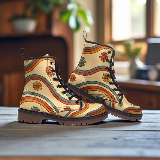 Retro Rainbow Combat Boots, 70s Floral Lace Up Boots, Vintage Hippie Aesthetic Shoes, Funky Festival Footwear, Colorful Boho Grunge Boots