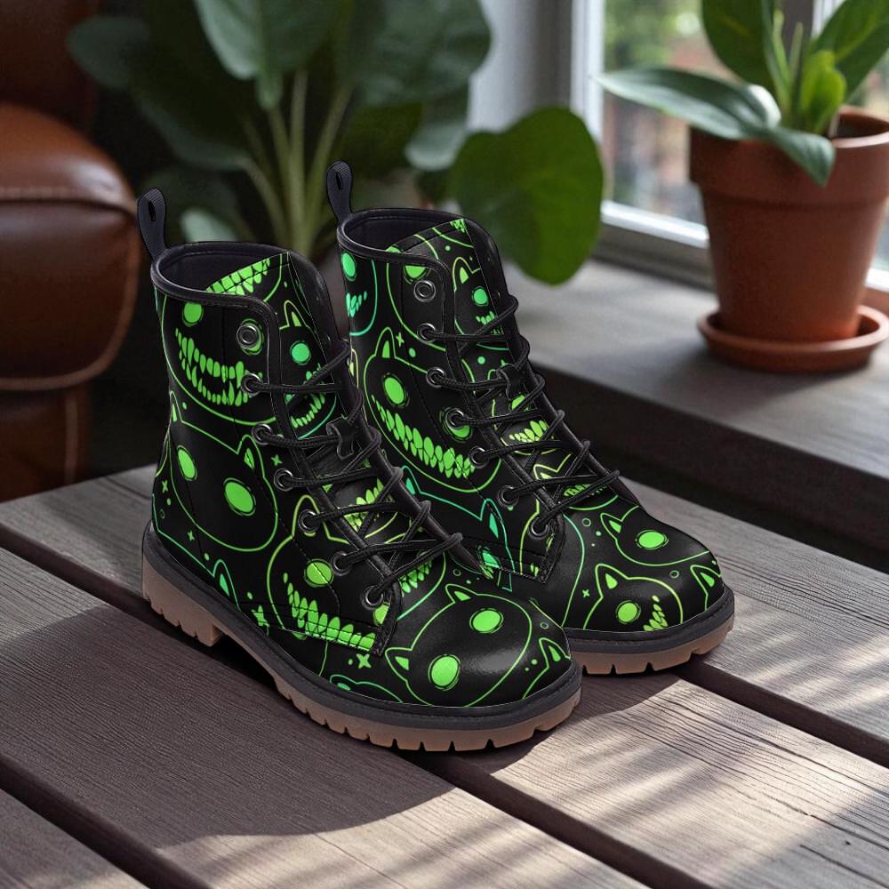 Neon cat combat boots, festival rave lace up shoes, cyber streetwear alternative footwear, glow in the dark inspired statement boots