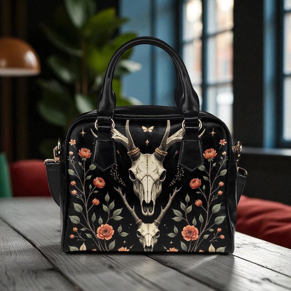 Deer skull floral handbag, witchy occult purse, antler skull satchel, spooky forest crossbody, dark floral handbag, mystical skull purse