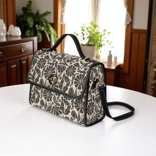 Botanical print bag, monochrome floral purse, retro style handbag, black cream satchel, plant lover bag, nature pattern purse, unique gift