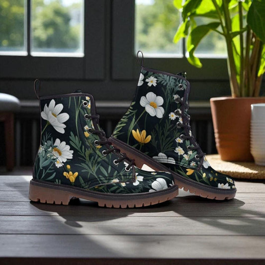 Daisy Floral Combat Boots, Cottagecore Festival Shoes, Botanical Green Boots, Dark Academia Footwear, Fairycore Boots, Vintage Floral Boots