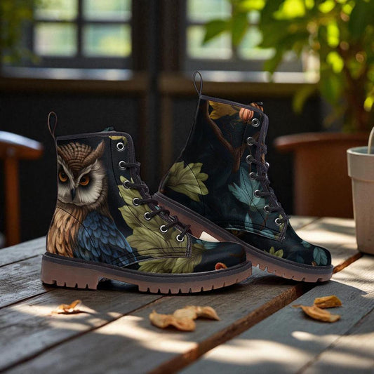 Enchanted owl combat boots, woodland night lace up shoes, mystical bird print footwear, dark forest ankle boots, cottagecore festival shoes