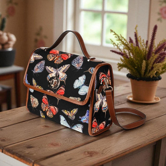 Butterfly Print Crossbody Purse with Brown Trim, Cottagecore Shoulder Bag for Fairy Aesthetic, Colorful Insect Satchel, Whimsical Gift
