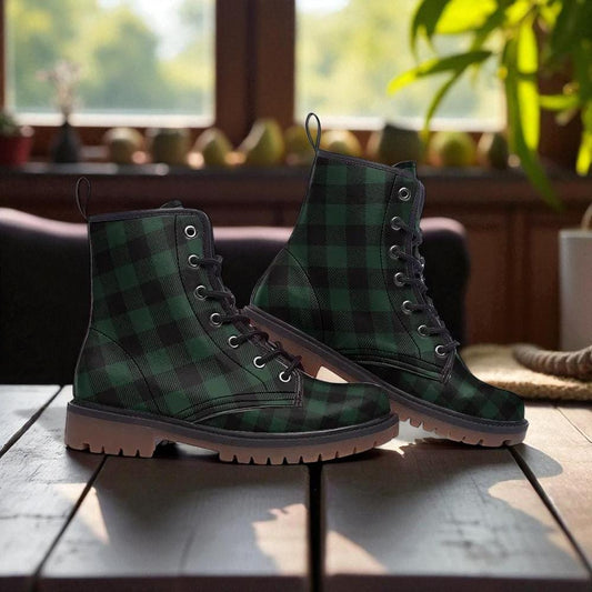 Dark Green Plaid Combat Boots, Witchy Grunge Fall Outfit, Vintage Punk Festival Shoes, Soft Goth Alt Girl Fashion, Gingham Platform Boots