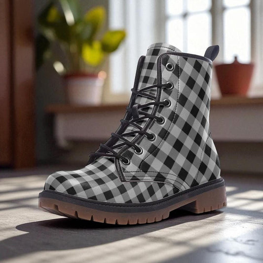 Grey gingham combat boots, soft punk lace up shoes, grayscale plaid goth boots, romantic grunge footwear, cottagecore punk boots,moody boots