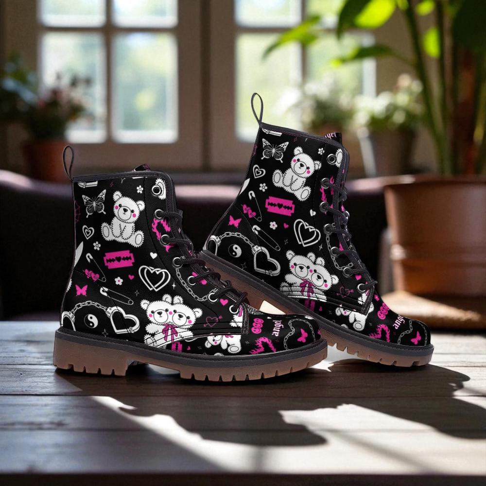Kawaii bear shoes, pastel heart boots, dreamy pink footwear, retro y2k lace ups, sweet grunge ankle boots, playful emo shoes, toy footwear