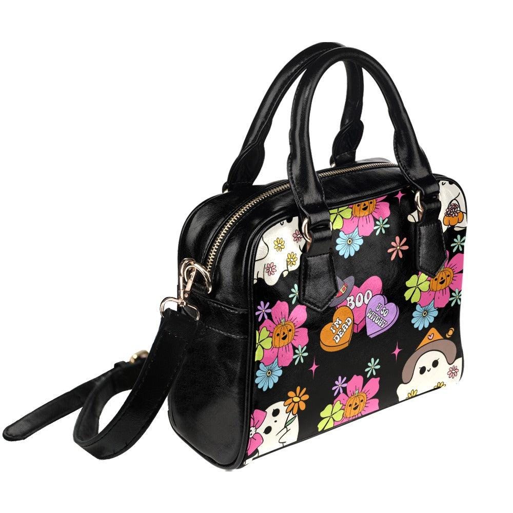 Retro ghost floral handbag, kawaii halloween crossbody, pastel pumpkin purse, witchy spooky satchel, creepy cute handbag, haunted retro bag