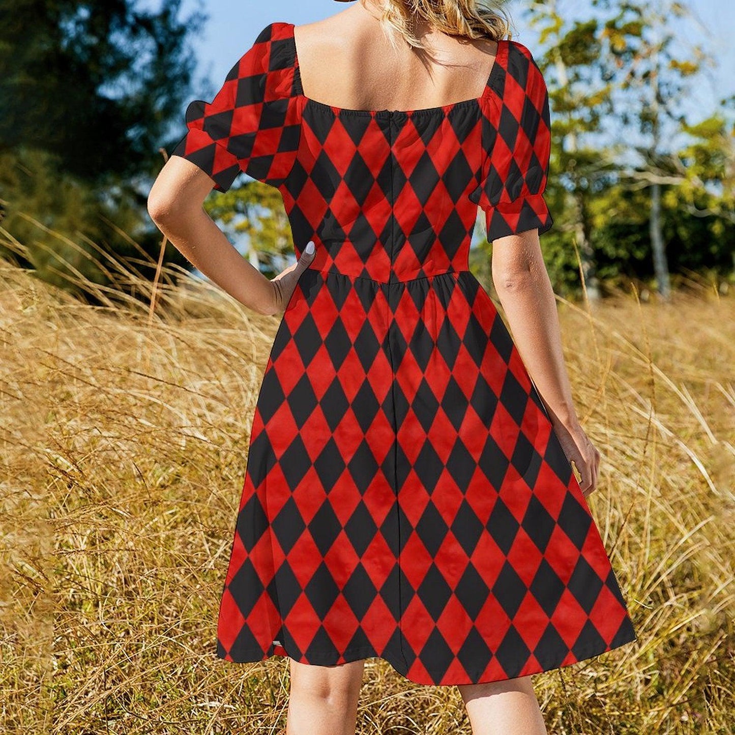 Red harlequin puff sleeve dress, Alice in Wonderland costume, gothic carnival party dress, sweetheart mini fantasy outfit, fairytale style