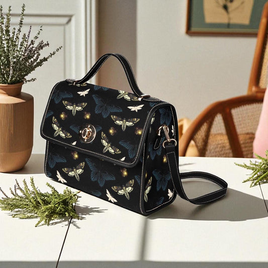 Moth and Firefly Crossbody Bag, Glowing Bug Cottagecore Purse, Whimsical Forest Witch Bag, Soft Goth Insect Print, Cozy Fairycore Gift Idea