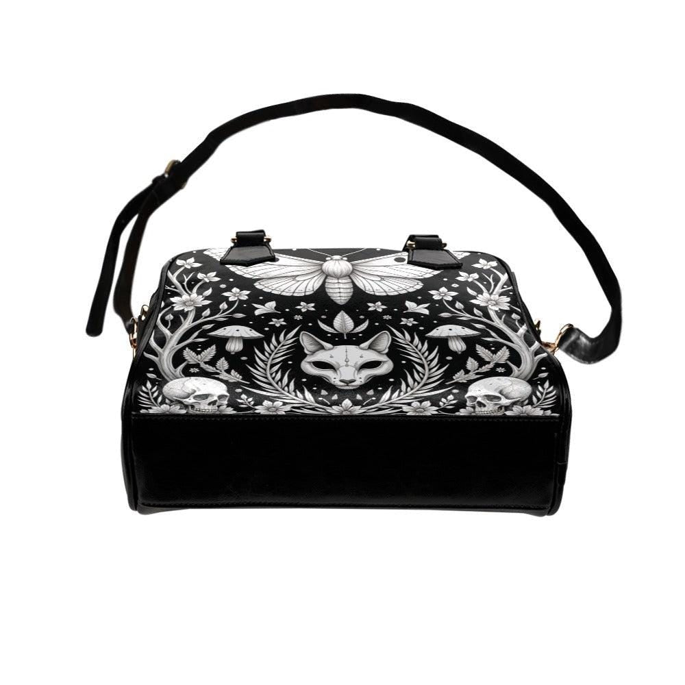 Mystical Fox Skull Handbag, Witchy Moth Purse with Dark Forest Design, Occult Crossbody Bag with Gothic Floral Pattern, Halloween Aesthetic