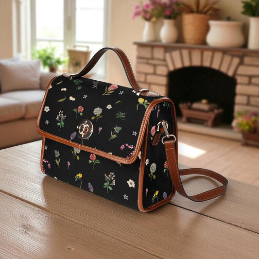Dark Floral Cottagecore Crossbody Bag with Brown Trim, Small Witchy Shoulder Purse, Romantic Fairycore Satchel, Vintage Style Flower Handbag