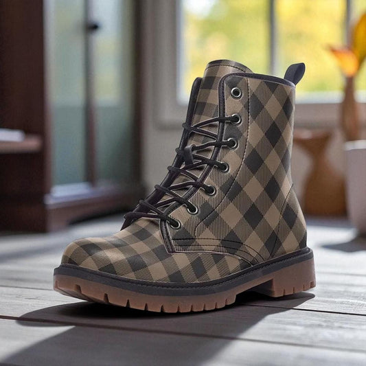 Brown check combat boots, vintage plaid goth boots, dark academia lace up shoes, rustic punk footwear, neutral grunge boots, retro boots