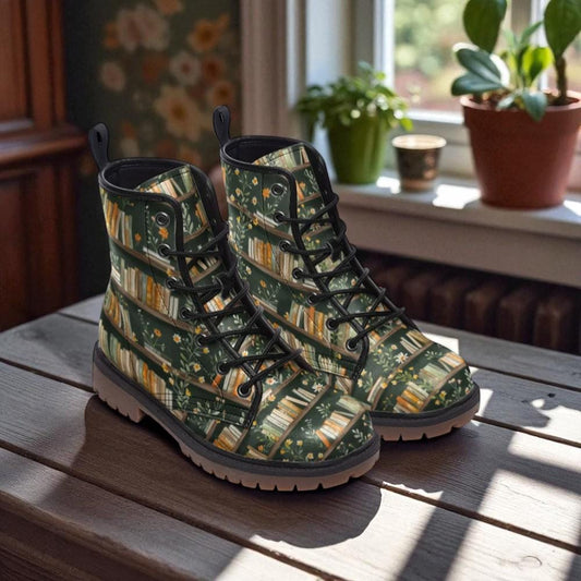 Bookshelf Combat Boots, Dark Academia Shoes, Cottagecore Library Footwear, Vintage Book Lover Gear, Literary Festival Boots,Botanical Reader