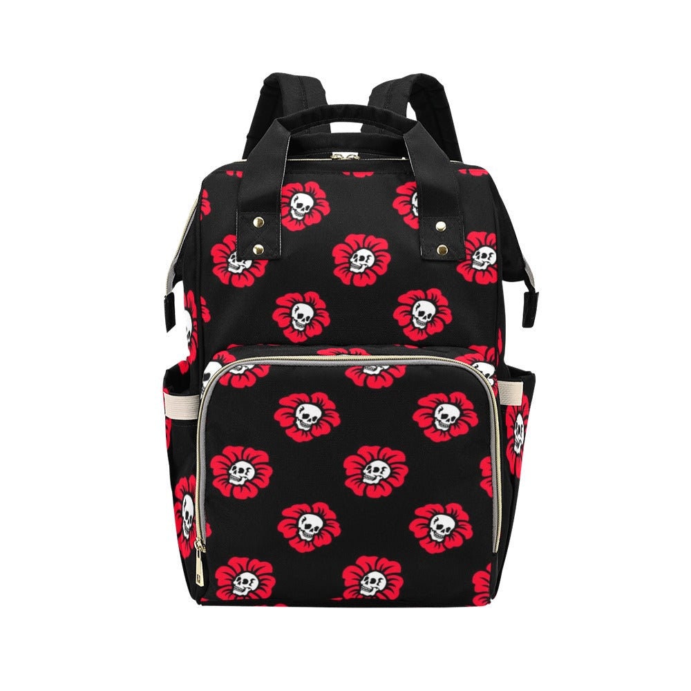 Skull Flower Backpack Goth Mom, Floral Skull Diaper Bag, Edgy Parenting Organizer, Alternative Baby Gift Idea,Punk Style Mom Bag,Gothic Baby