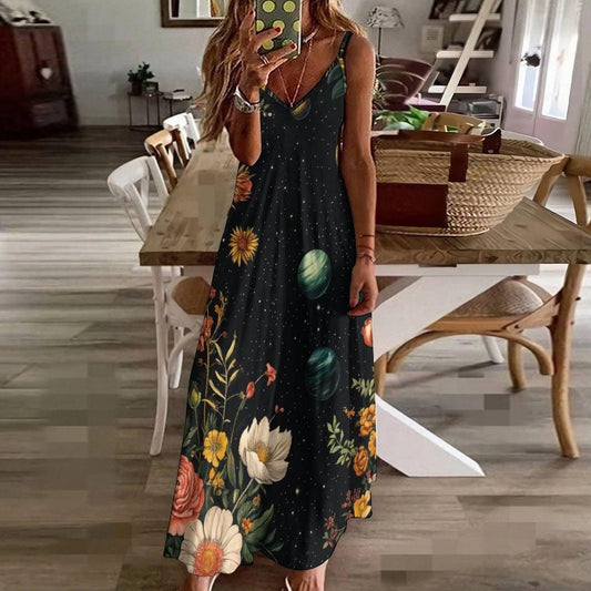 Galaxy floral dress, Space print sundress, Cottagecore planets maxi, Botanical stars gown, Celestial aesthetic outfit, Dark fairycore dress