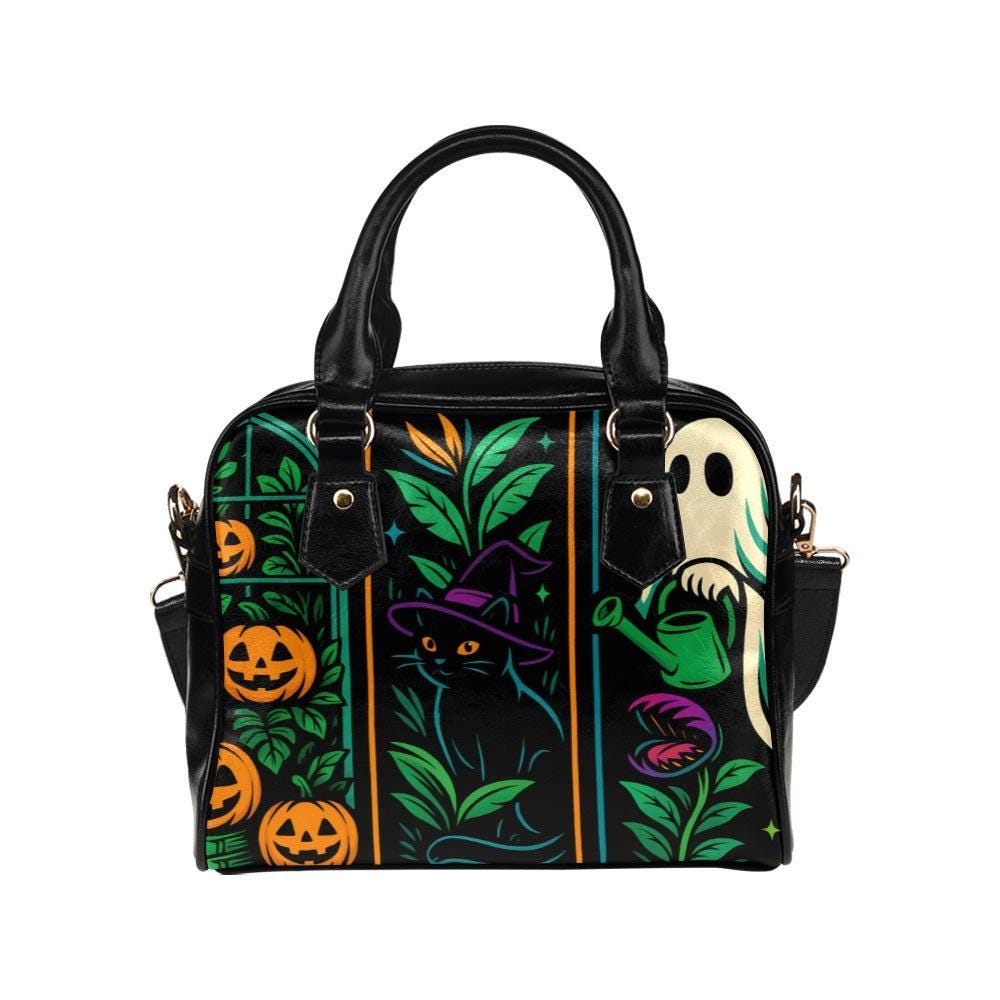 stained glass halloween purse, witchy ghost crossbody bag, retro pumpkin patch satchel, haunted black cat handbag, spooky festival retro bag