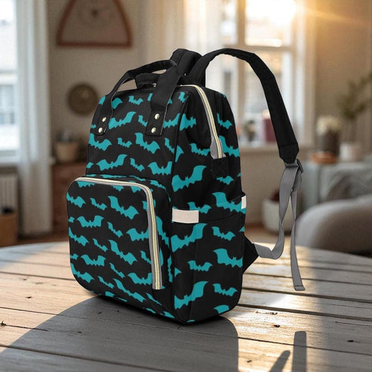 Teal Bats Backpack Diaper Bag, Gothic Baby Organizer, Spooky Mom Essentials, Alternative Mom Gift Idea, Edgy Parenting Gear, Goth Mom Bat