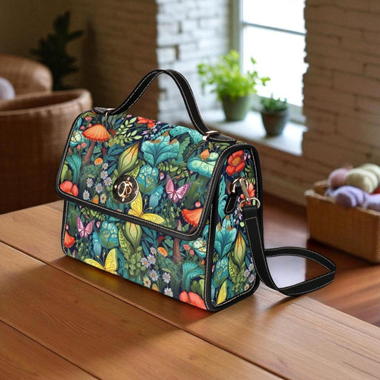 Enchanted forest shoulder bag, fairycore butterfly canvas purse, goblincore mushroom crossbody, magical cottage witch gift idea