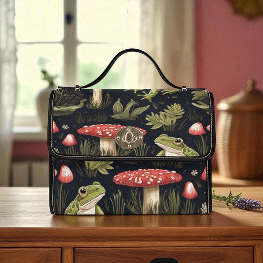 Frog Mushroom Bag, Cottagecore Forest Purse, Fairycore Frog Print Satchel, Whimsical Toadstool Handbag,Goblincore Woodland Nature Lover Gift